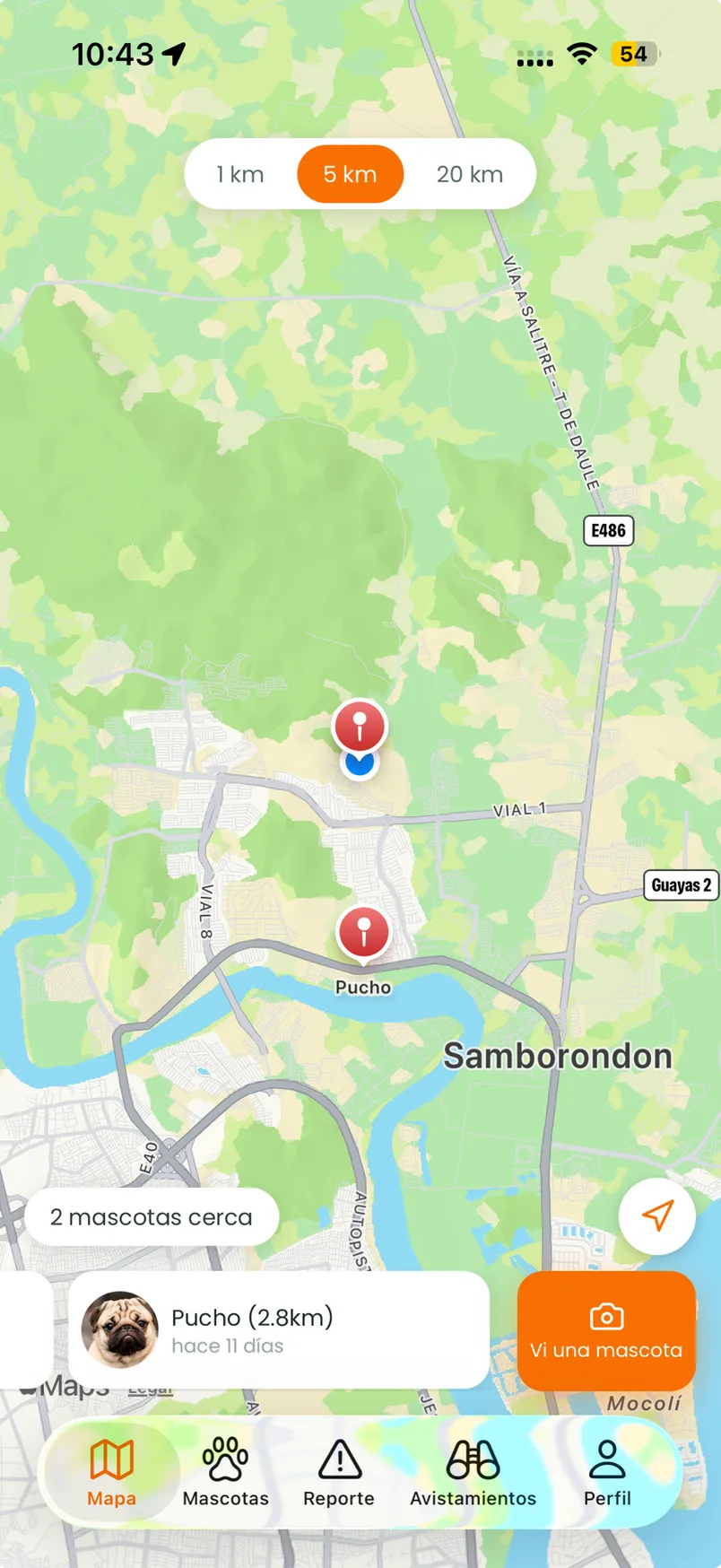 Mapa de Pet-Meet mostrando mascotas perdidas cerca del usuario